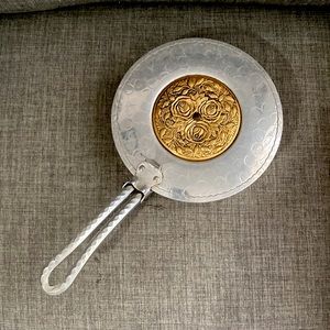 Vintage Hand-Forged Hammered Aluminum “Silent Butler” Crumb Catcher Gold Roses